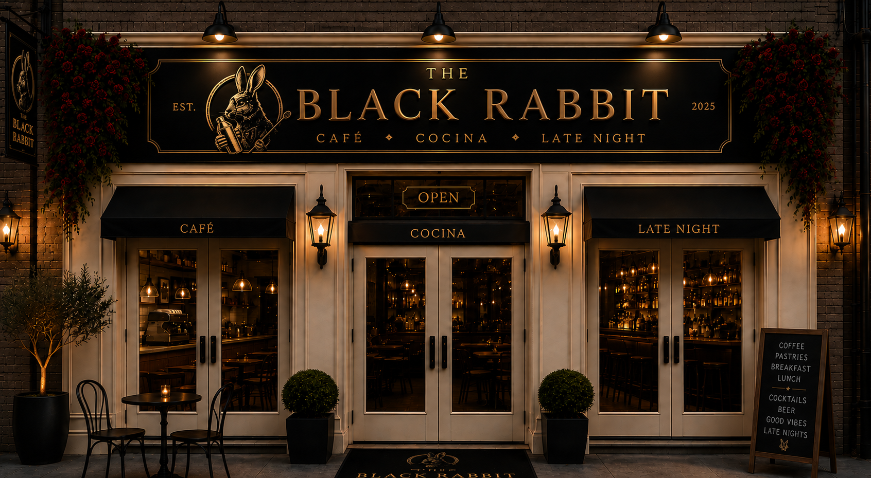 The Black Rabbit storefront on Washington Ave at night